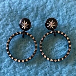 Star burst dangle hoops pierced earrings black rhinestone stud connected to hoop